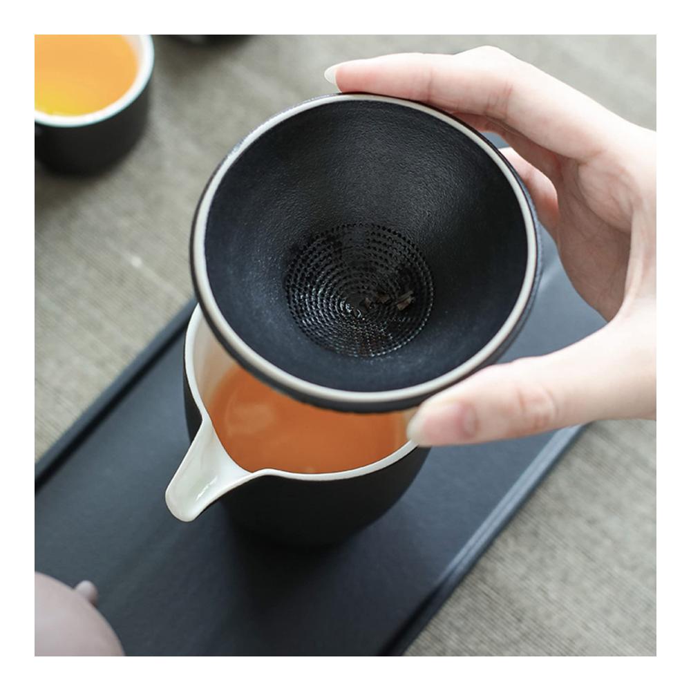 Exquisite Keramik Teetassen Set mit Mönch Figuren - Tee Abtropfschale Teefilter Porzellan Teegeschirr - Glücksbringer für losen Tee - Kungfu Tee Set Schwarz - Traditionelles Teeservice für Chinesischen und Japanischen Tee - Buddha inspiriert