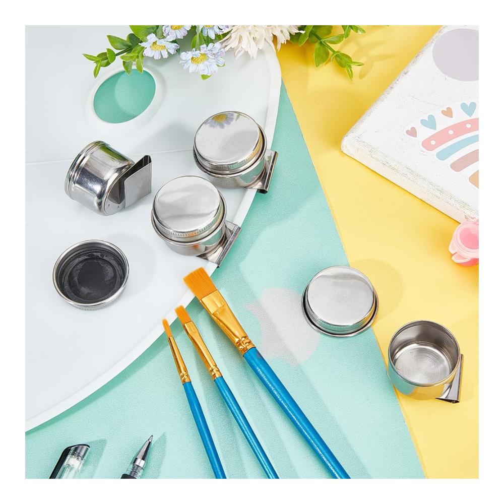 Premium Farbnäpfe Set - 4er Edelstahl Ölmalerei Becherpalette mit Deckel und Clip | Großvolumige Metalllöffel Maltöpfe für Künstler | Praktischer Palettenbehälter zum Malen