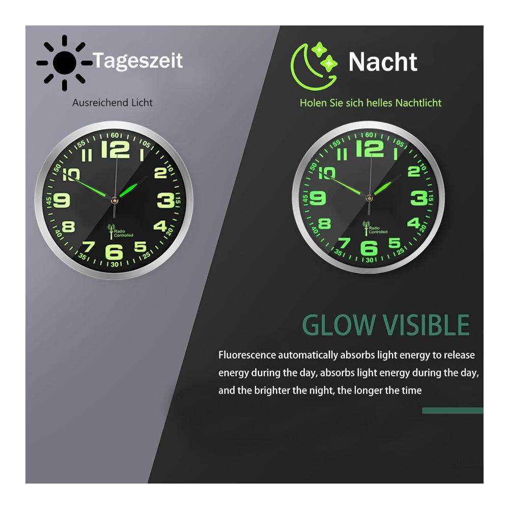 Moderne Funk-Wanduhr Geräuschlos leuchtend automatisch kalibriert - Ideal für Schlafzimmer Büro Küche & Wohnzimmer - 30
