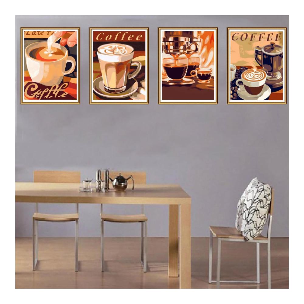 Diamond Painting Sets Kaffeetasse & Untertasse Briefe Nach Anzahl Kits - 5D Diamant Malerei mit Vollbohrer-Diamanten für Wanddekoration - 30x40 cm - 4er-Pack