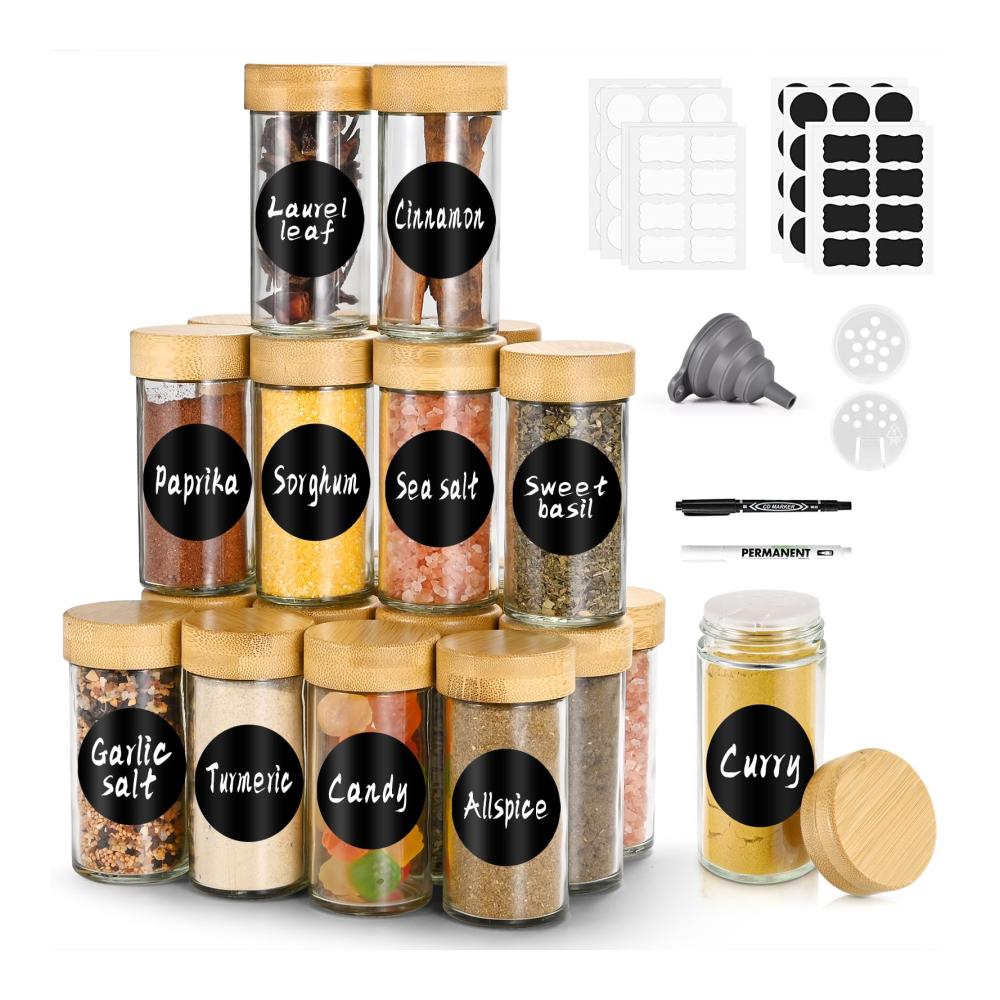 Entdecken Sie die Magie der Gewürze mit Rocneuna 24 runde Gewürzgläser aus umweltfreundlichem Glas (120 ml) mit Bambusdeckeln. Praktischer Streueinsatz Trichter und Kreidestift Etiket für mühelose Organisation. Verleihen Sie Ihrer Küche den perfekten Hauch von Geschmack und Stil