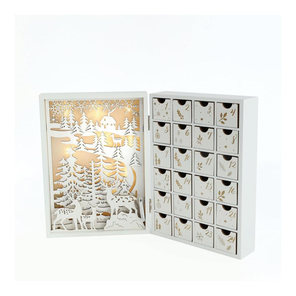 Erleuchten Sie die Weihnachtszeit Dekorativer Holz-Adventskalender 2024 mit LED-Lichtern und 24 Schubladen für Kinder. DIY-Weihnachtszauber