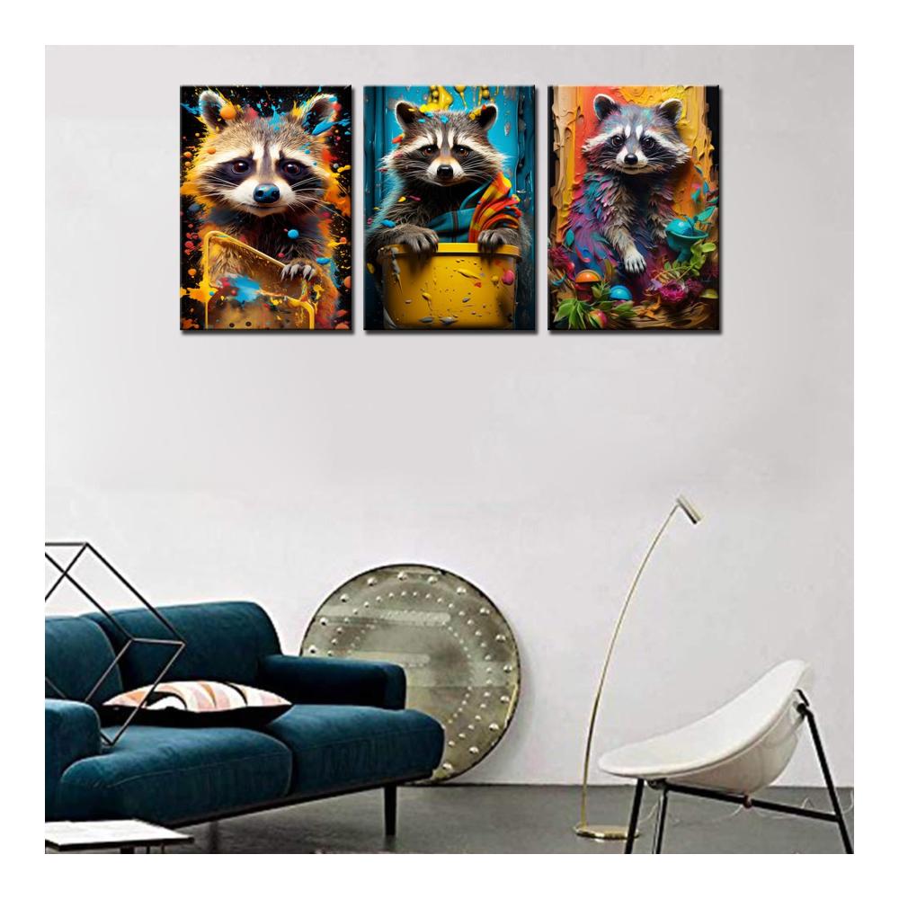 Erweitere deine Wandgestaltung mit unserer hochwertigen Leinwand auf Rolle! Waschbär-Leinwandkunst im kreativen Aquarell-Stil - 3-teiliges Graffiti-Tierbild für moderne Wanddekoration. Einzigartiges Geschenk Lustige Poster und Kunstwerke für Zuhause gespannt und bereit zum