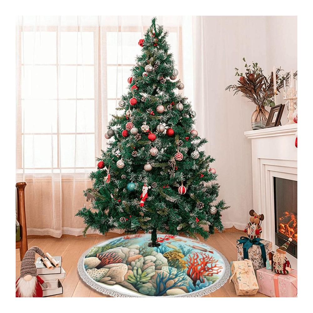Stilvoller Cartoon Unterwasser-Korallenfisch Weihnachtsbaumständer Festlicher 48-Zoll-Rock mit Quaste perfekte Matte für Xmas Decor
