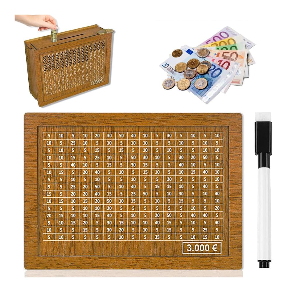 Holz Spardose mit Sparziel-Zähler | Wiederverwendbare Sparbox für Erwachsene & Kinder | Sparschwein aus Holz | Geld sparen leicht gemacht bis zu 3000€ | Dekorative Geldkassette