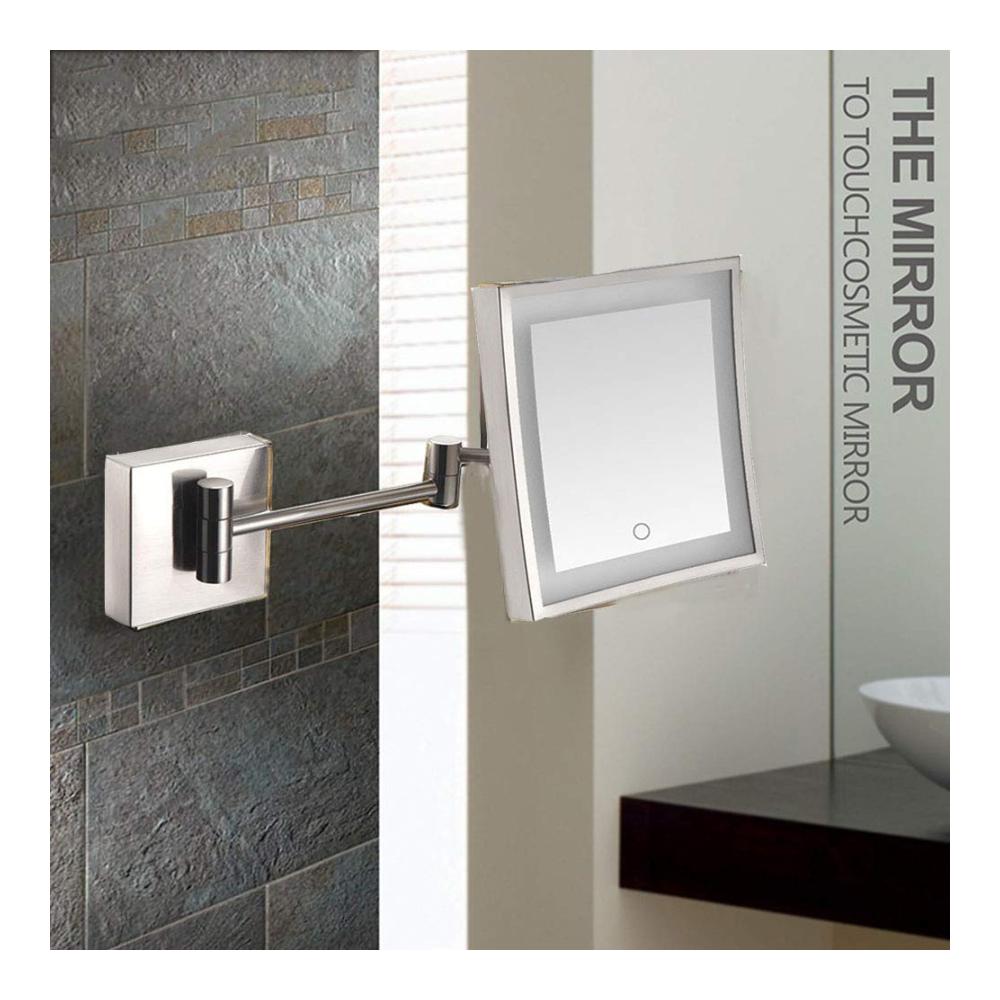 Erleben Sie Perfektion 3X LED-Wand-Kosmetikspiegel aus Edelstahl mit Touchscreen 360-Grad-Schwenkrotation 8 Zoll quadratisch für Badezimmer. Ihr Beauty-Must-Have! (Farbe Nickel Größe USB