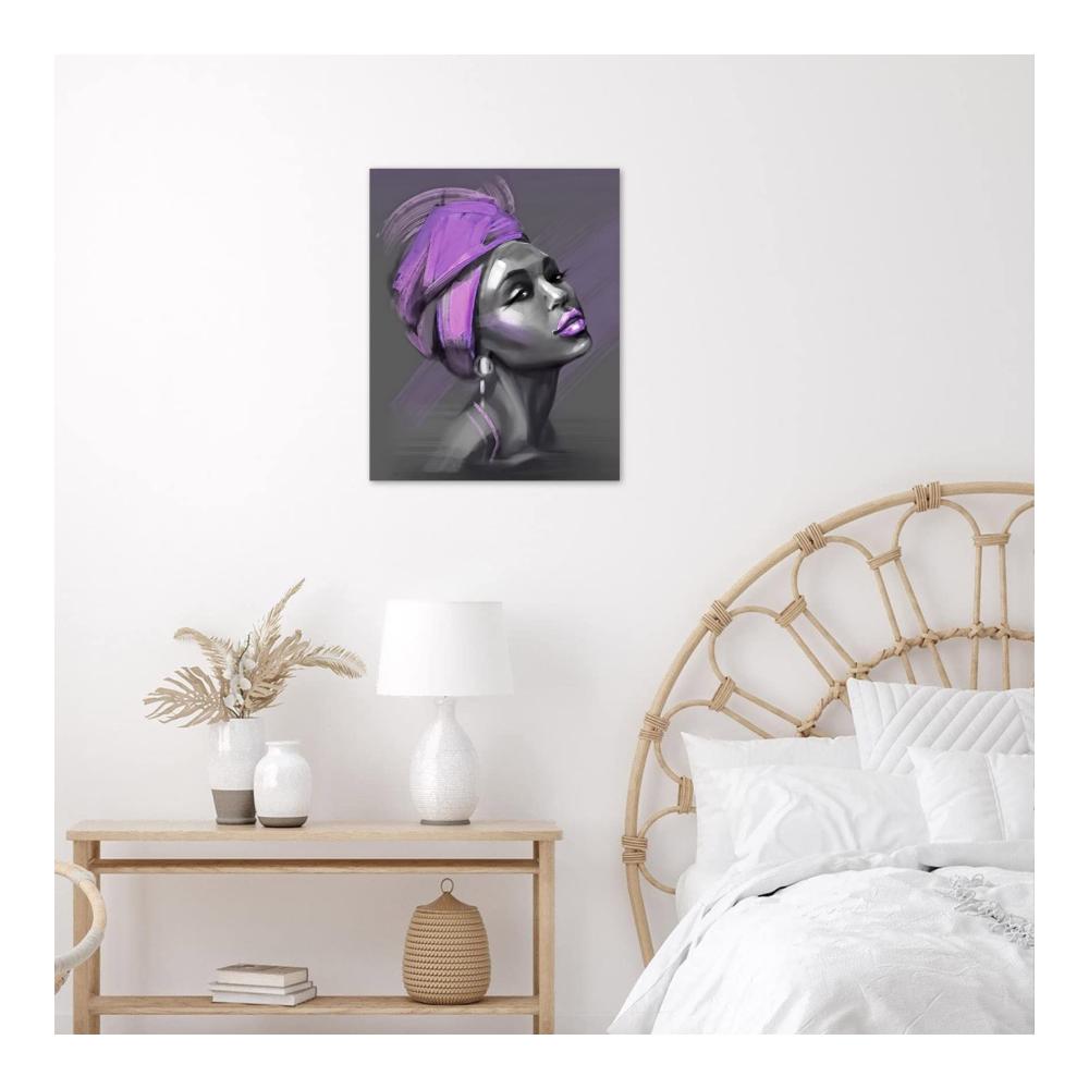 Ästhetisches Wandbild Afroamerikanische Frau mit lila Kopftuch - Leinwanddruck für stilvolle Wanddekoration in Wohnzimmer Schlafzimmer und Bad - 30x40cm - Ungerahmt - Ideal für moderne Lackierungen