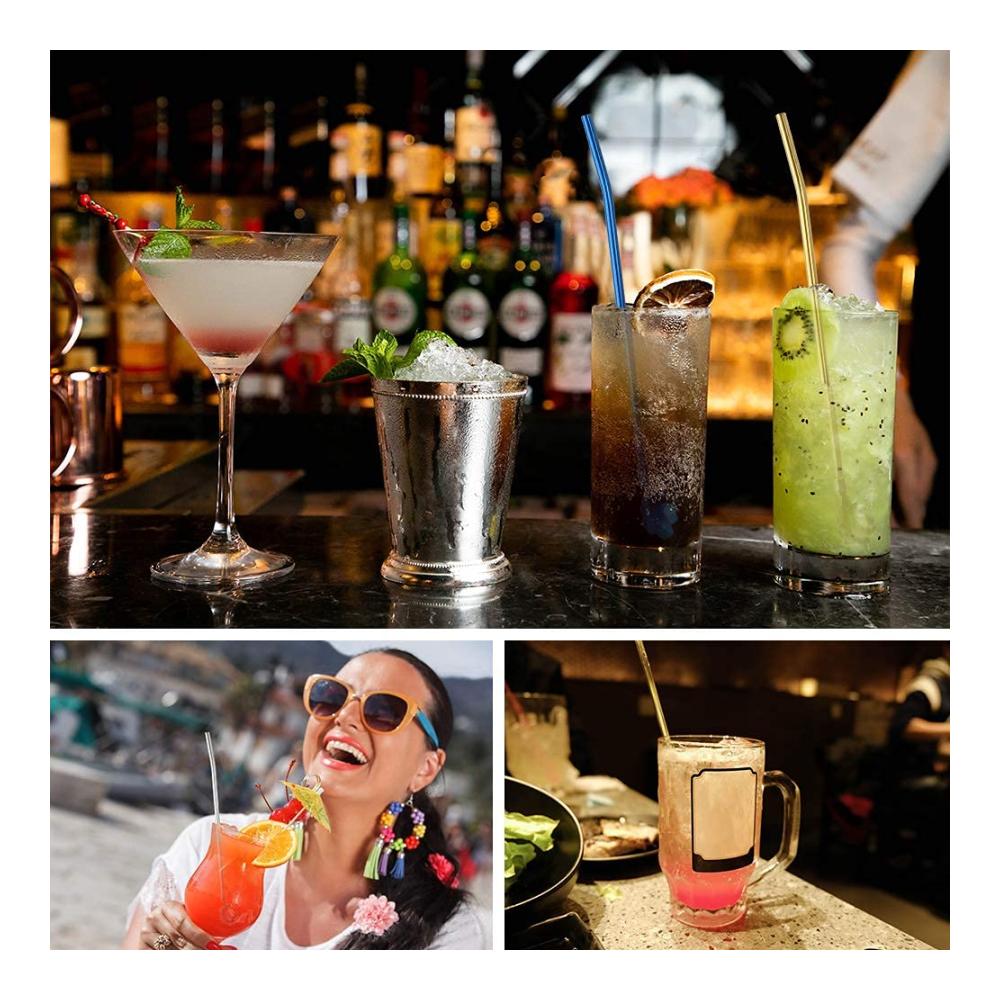 Wiederverwendbare Strohhalme 7er Set Edelstahl-Trinkhalme & Löffel 2-in-1 für Smoothies Cocktails Kaffee - Inkl. Reinigungsbürsten & Aufbewahrungsbeutel (C