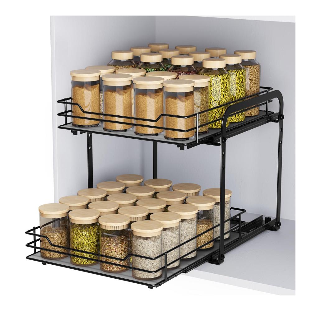 Ausziehbares Gewürzregal für Küchenschränke | 2 Etagen Organizer | Platzsparendes Spice Rack für Küchen | Anpassbarer Schrank Organizer | 26.4x23.2x23 cm | Einfache Montage | Robuste Konstruktion | Ideales Küchenzubehör