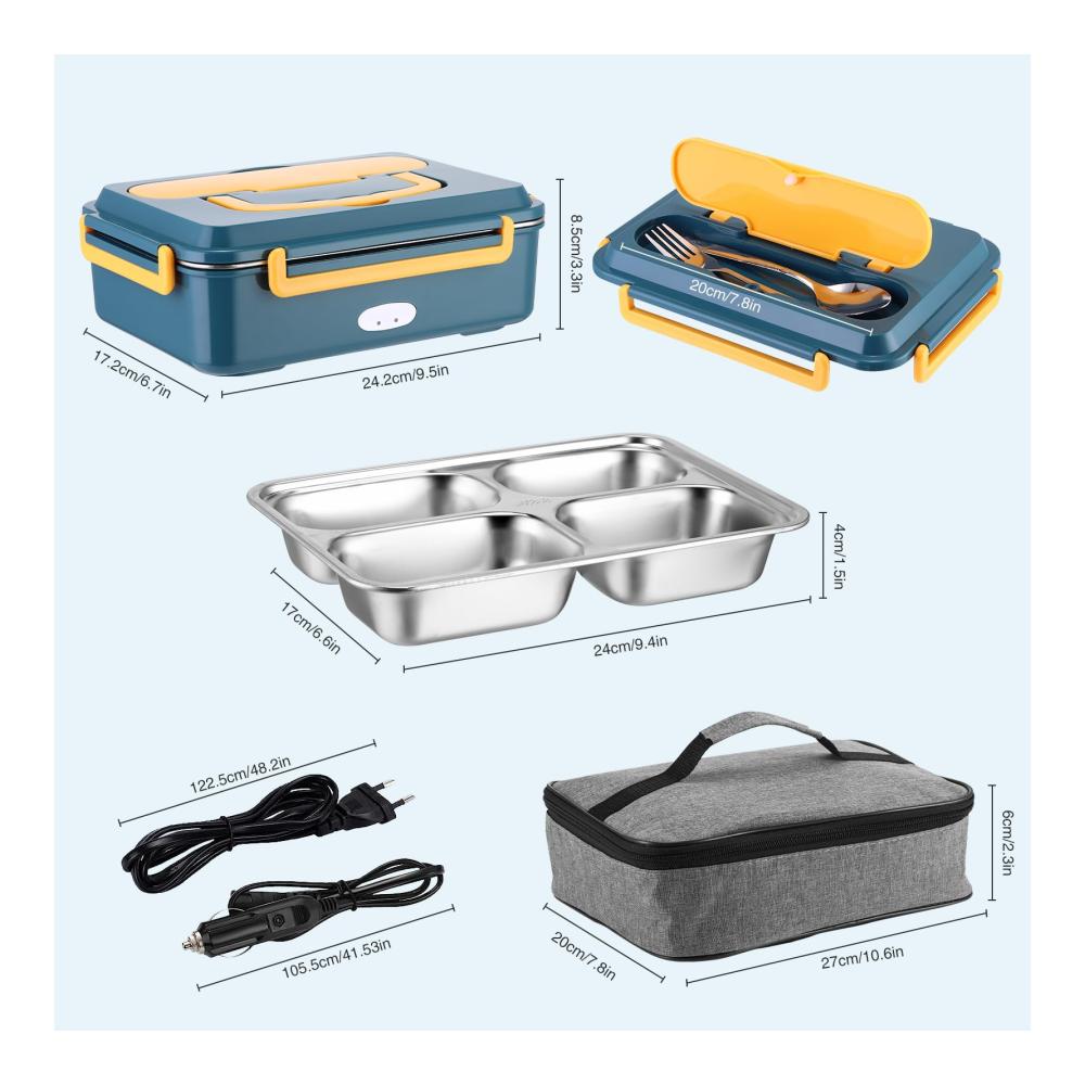 Elektrische Lunchbox 1.5L - Tragbare Brotdose mit 4 Abteilen & Besteck - Isolierte Tasche - Speisenwärmer für Auto Büro & Zuhause - 12V/24V/220V - Warmhaltefunktion - Ideal für unterwegs