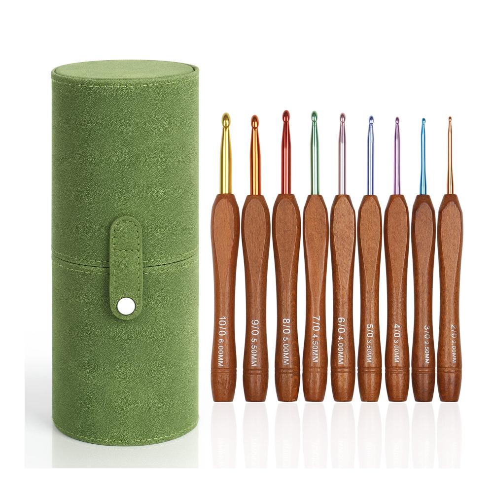 Ergonomische Häkelnadeln Set Holzgriff 9 Stück - Inkl. Grüne Aufbewahrungsbox - Ideal für Arthritische Hände - Leichte Starter Häkelnadeln 20-60 mm - Mit Bunte Aluminium-Hakenkopf