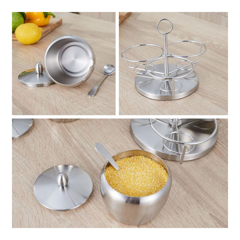 Drehbares Gewürzdosen-Set aus Edelstahl | 3er-Set Gewürzdosen mit praktischem Gestell | Inklusive Deckel und Löffel | Vielseitige Gewürzbehälter für die Küche zu Hause | Attraktive Salz- und Zuckerdose | Stilvolle Aufbewahrungslösung für Dressing- & Gewürzspender