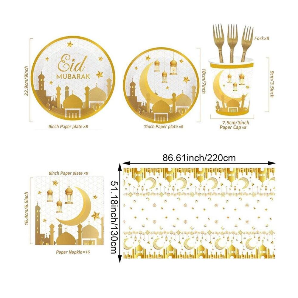Entdecken Sie exquisite Teller 8-teiliges Mubarak Tableware Party-Set mit 49 Stück Papiergeschirr für die perfekte Eid-Zeremonie. Stilvolle Papierplatten Servietten und Pappbecher für unvergessliche Feierlichkeiten! Hochwertiges Design für Ihre festlichen Bedürfnisse