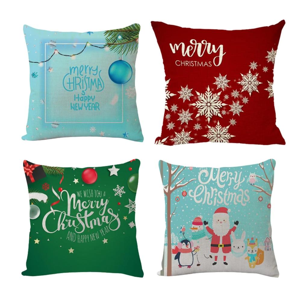 4er Set Weihnachts Zierkissenbezüge 45x45 cm - Dekokissen für Sofa & Sessel - Dekorative Kissenhüllen mit Weihnachtsmotiven - Festliche Sofakissenhüllen für gemütliches Zuhause