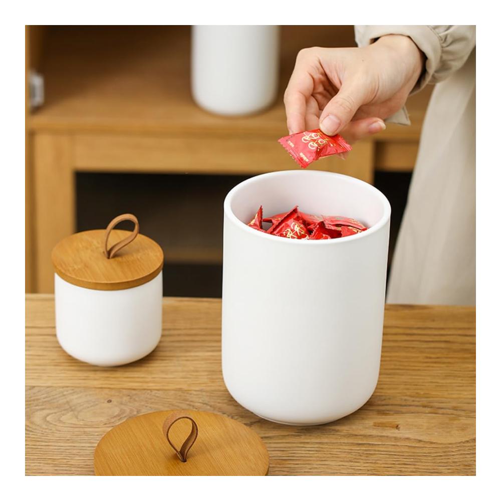 Glasbehälter & Töpfe Elegante Vorratsdosen aus Keramik mit Bambusdeckel - Tee Kaffee Zucker - Modernes Küchenzubehör-Set in Weiß (3-teilig