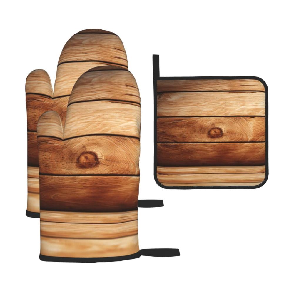Premium Ofenhandschuhe und Topflappen aus hitzebeständigem Holz - 3er Set wasserdicht bedruckt Braun | Mit praktischer Aufhängeschlaufe | Ideales Küchenaccessoire für