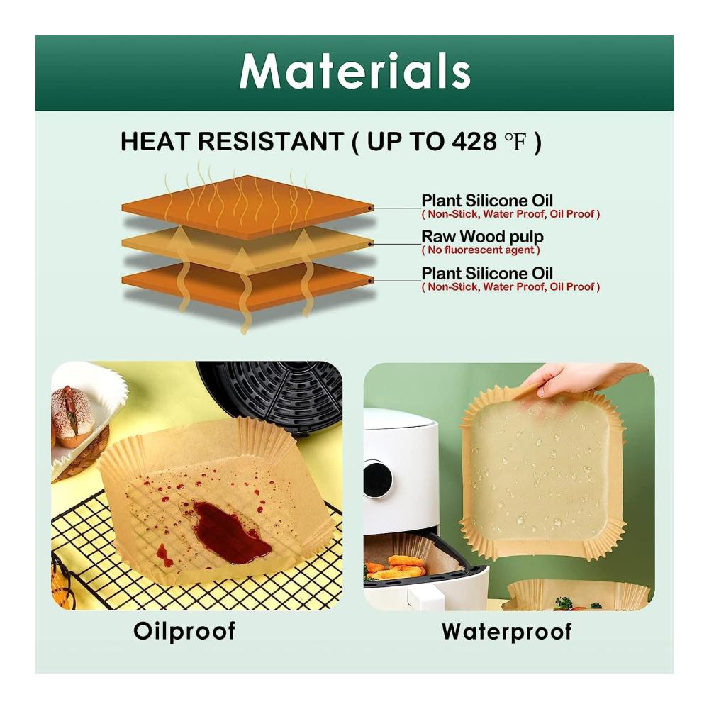 Backpapier für Heißluftfritteuse - 120 Stück quadratisch wasserdicht ölfest. Ideal für Airfryer Ofen und Mikrowelle. Antihaftbeschichtetes Pergamentpapier für einfache Reinigung und perfekte Ergebnisse beim Kochen