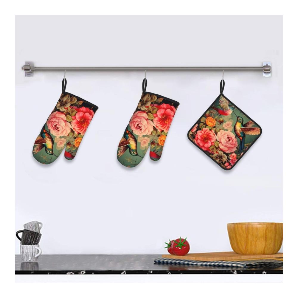 Retro Ofenhandschuhe im Vintage-Stil | Kolibri Rosen | Wasserdichtes Set mit 3 Ofenhandschuhen für Kochen Backen Grillen & mehr in der Küche & Mikrow