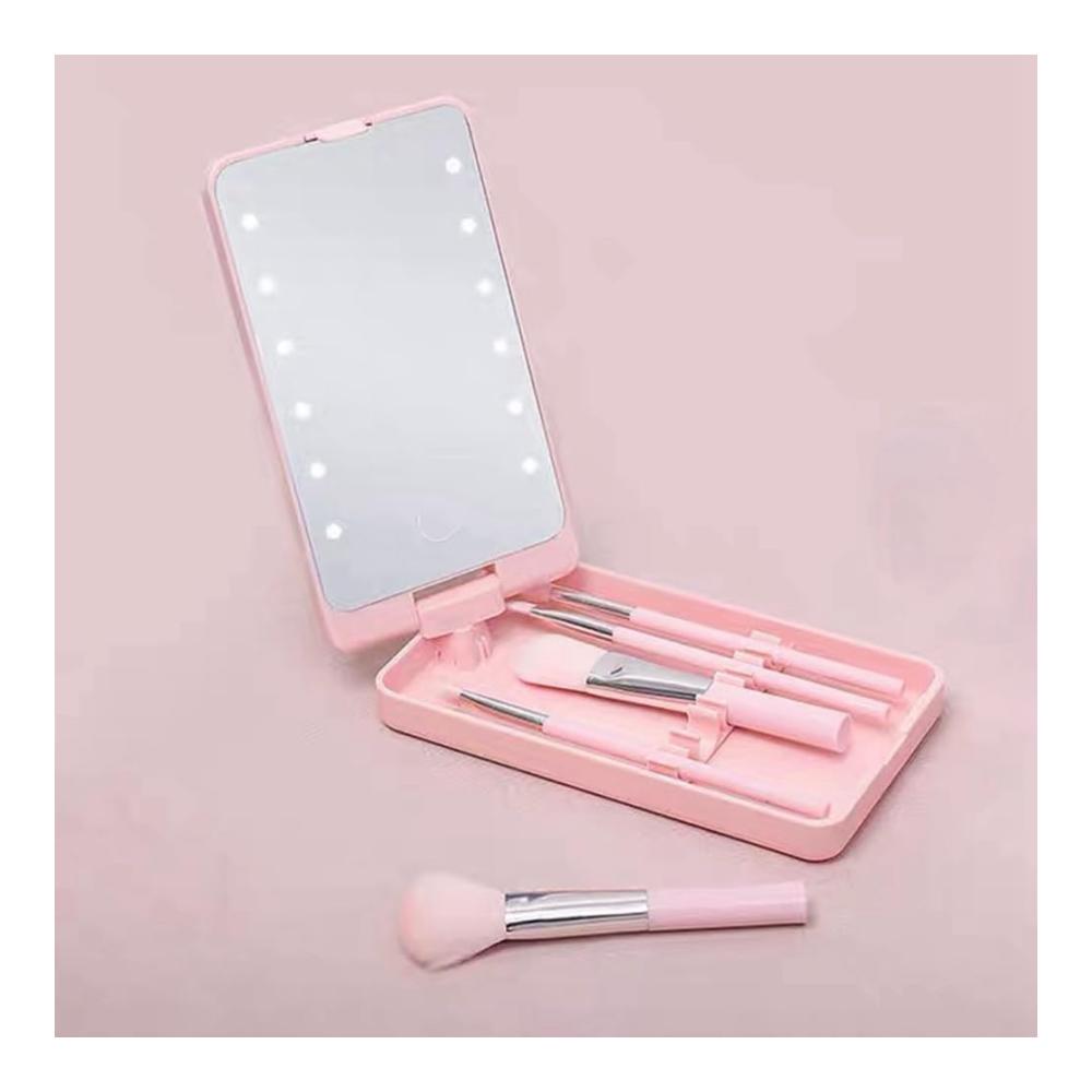 Schminkspiegel mit LED-Beleuchtung und Pinselhalterung - Tragbarer Tischspiegel für Make-up unterwegs - Klappbarer Spiegel mit Aufbewahrungsbox