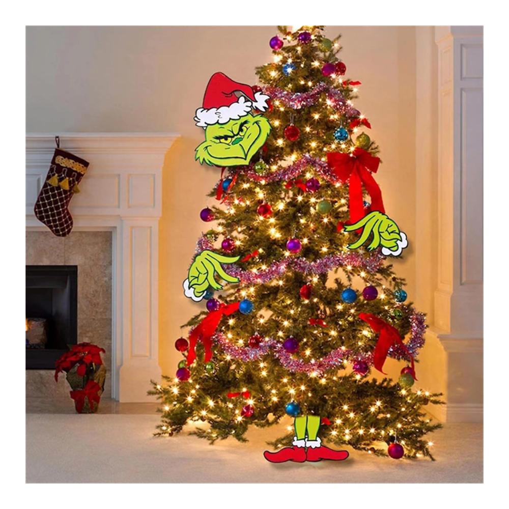 Verbesserte Grinch - Weihnachtsbaumspitze Große Grinch-Weihnachtsbaum Elf Weihnachtsdekorationen Grinch-Weihnachtsbaumspitze Kopf Arm und Beine für Baum Weihnachtsfeierbedarf B (L