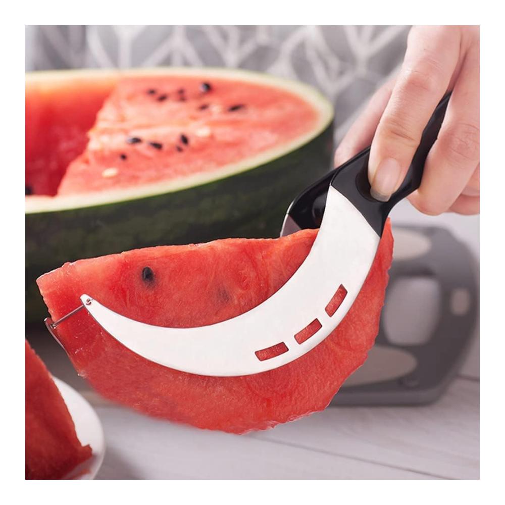 Hochwertiger Obstschneider aus Edelstahl | Melonenschneider mit hakenförmiger Klinge | Perfekt für Wassermelone Melone Drachenfrucht & Papaya (Schwarz) | Leichtes Schneiden und Servieren