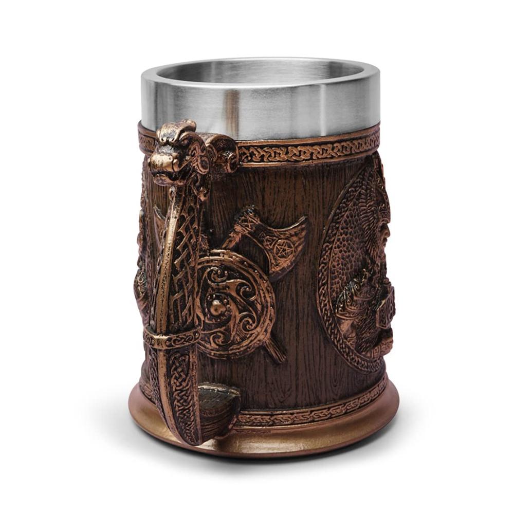 Rustikaler 3D Wikinger Krug Becher mit Thors Hammer Flaschenöffner - Handgefertigter Bierkrug für Männer - Perfektes Geschenk für Bierliebhaber und Vatertag - Odin inspirierte Bierkr