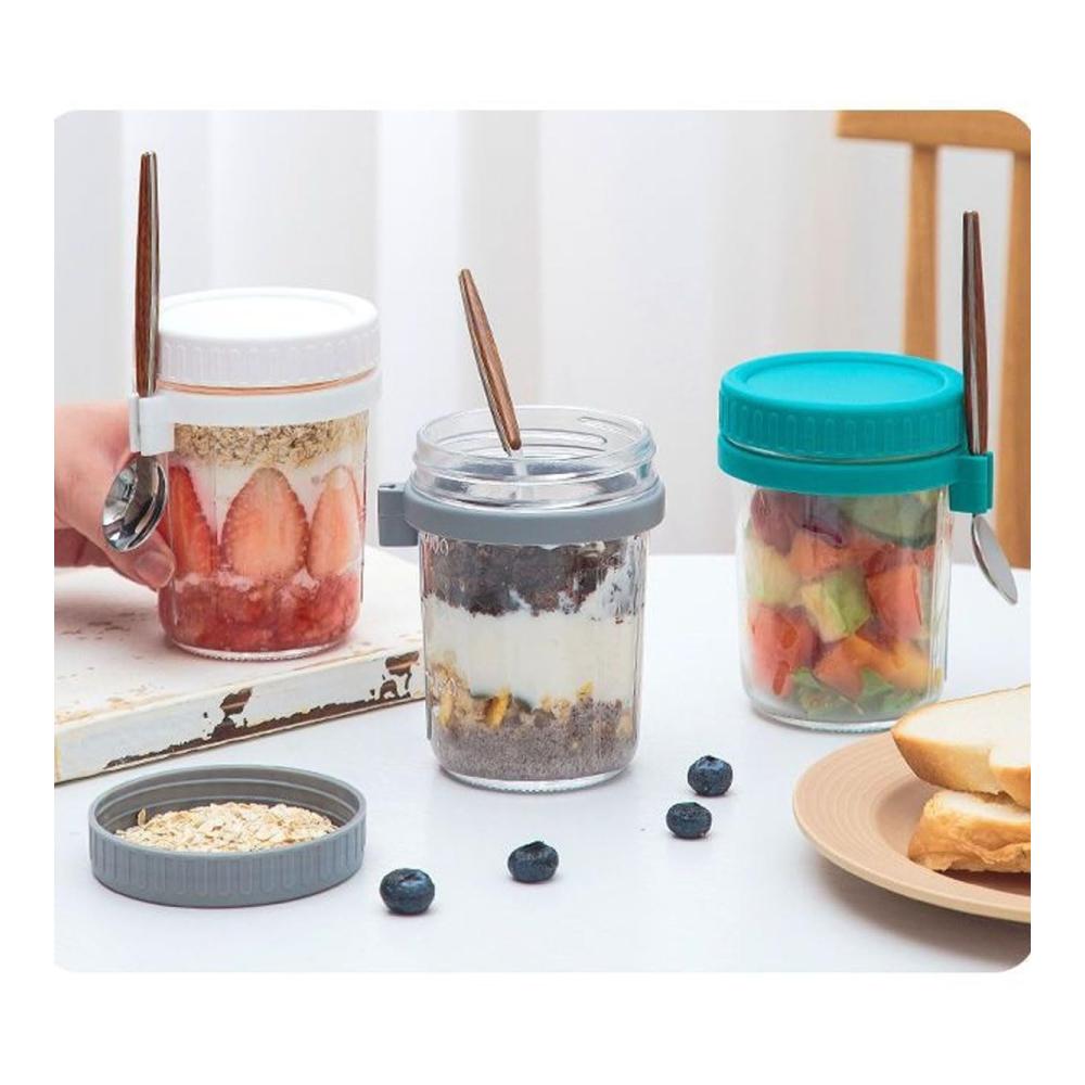 4er Set luftdichte Glasbehälter 350ml - Ideal für Overnight Hafer Salate & mehr! Wiederverwendbar & tragbar - Mit Messmarkierungen & Deckel für Frische - Lebensmittelaufbewahrung für Unterwegs
