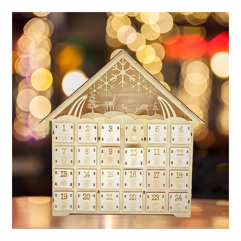 Dekorativer Adventskalender Holzhaus mit LED-Lichtern & 24 Aufbewahrungsschubladen | Weihnachtsdekorationen 2024 inklusive | Xmas-Haus