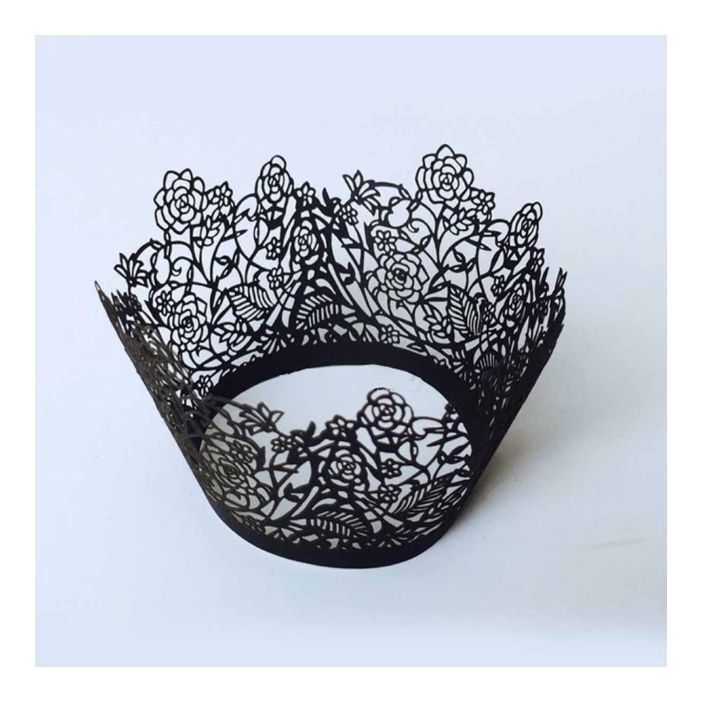 Einweg-Backbecher 100 Stück mit hohler Rosen-Spitze | Perfekte Cupcake-Halter für Hochzeit Geburtstag & Partydekoration | Backen & Servieren leicht gemacht | Umweltfreundliches Material | Schwarz