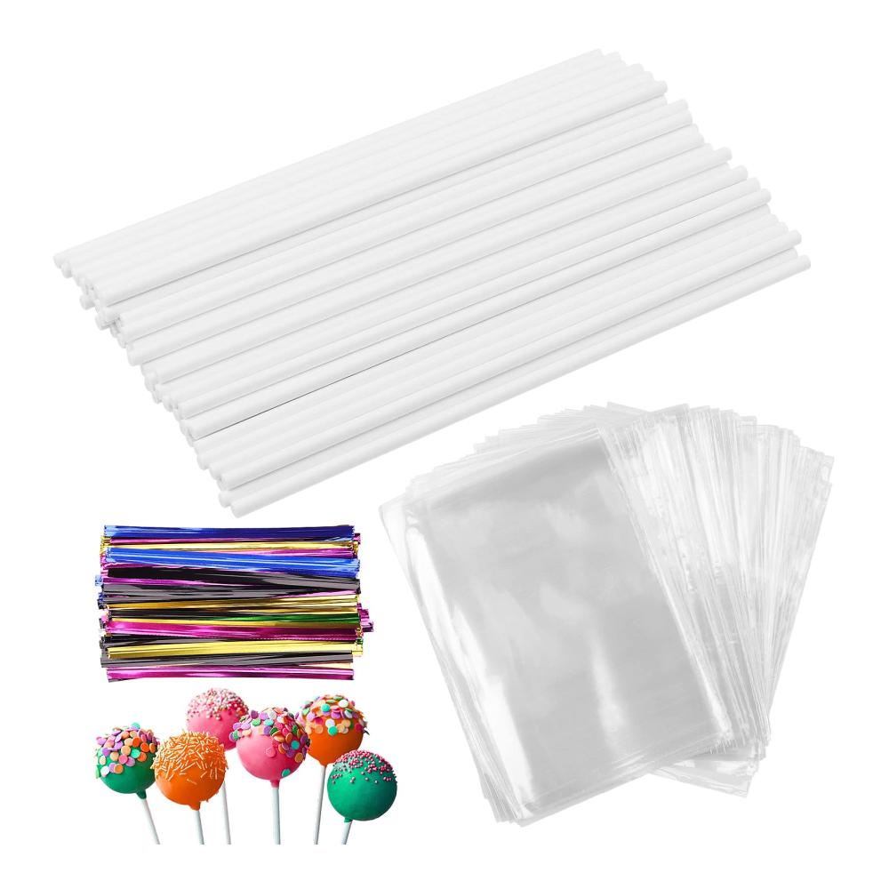 600-teiliges Cake-Pop-Set mit Spritzbeutel | 200 Stk. 15.2cm Cake-Pop-Sticks transparente Beutel & gedrehte Bänder | Lutscherformen für Süßig