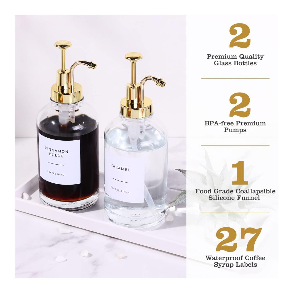 Praktischer Ausgießer für Flaschen Set - Perfekt für Kaffee Sirup Essig und Ölflaschen - Edler Ölspender und Olivenölflasche für die Kaffeebar oder Hausbar - Inklusive 27 Etiketten - 500 ml - 2 Sets