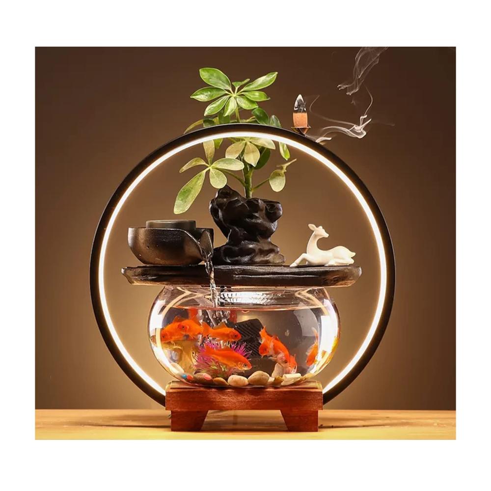 Entspannender Tischspringbrunnen mit Glas-Aquarium LED-Licht & Holzsockel - Zen Wasserspiel für Innenräume - Dekoratives Spa und Yoga Accessoire - Keramikbrunnen für eine beruh