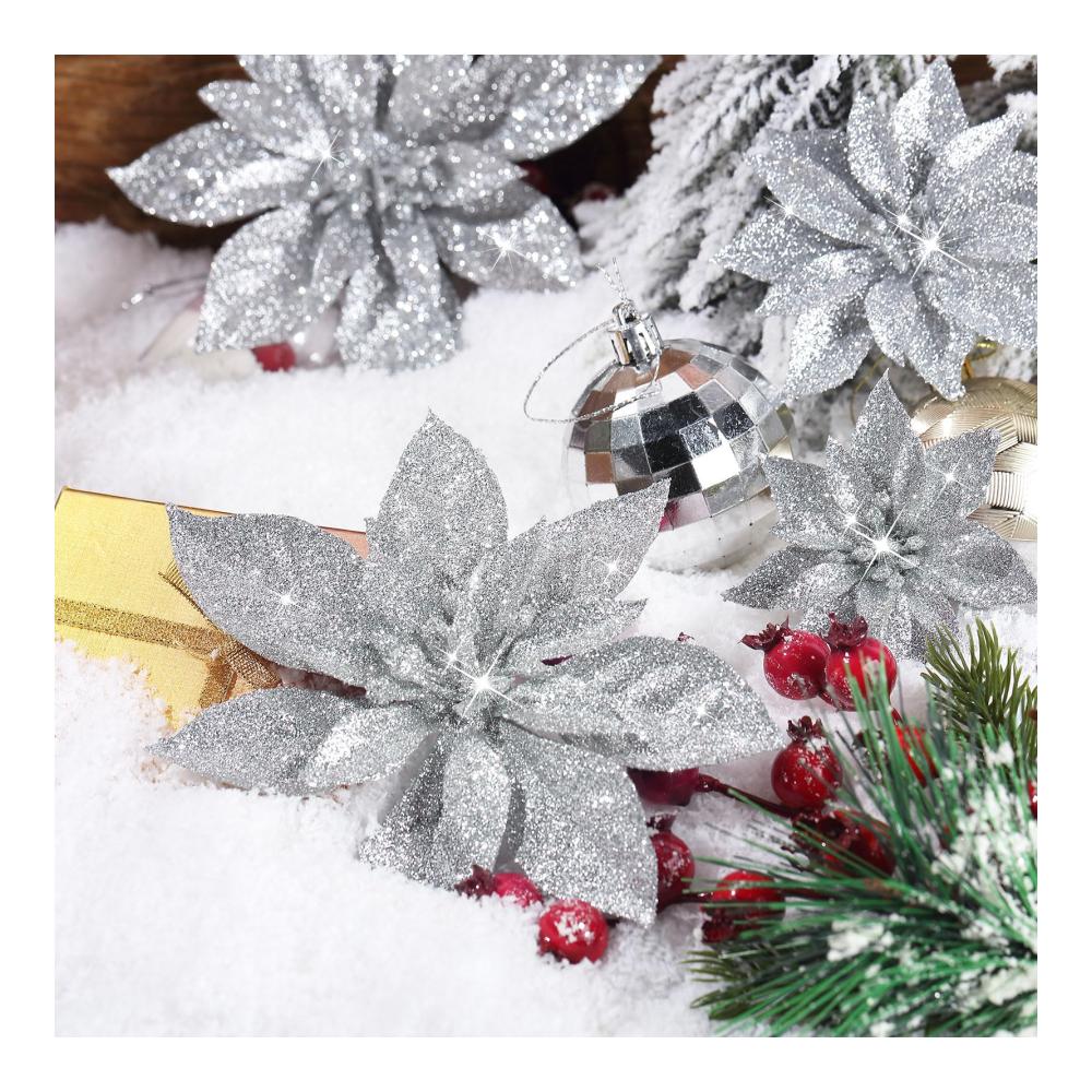 36 Stück Weihnachten Glitzer Weihnachtsstern Blumen Magnolie - Künstliche Silber Blumen Ornamente mit Clips für Weihnachtsbaum & Kranzdekoration - Festlicher Schmuck für die Feiertage