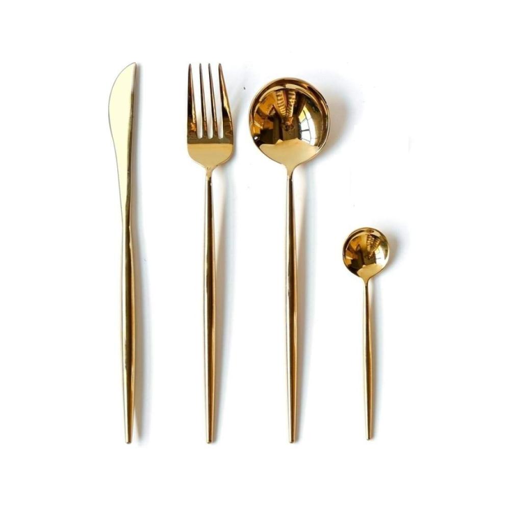 Hochwertiges 16-teiliges Besteckset aus Edelstahl - Portugiesisches Design - Gebürstet und vergoldet - Perfekt für jede Tischdekoration - Robuste Western-Messer und Gabeln
