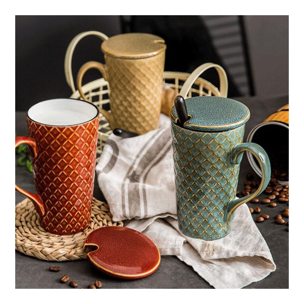 Nordisches Becherset 500ml Keramikbecher mit Deckel & Löffel - Kreativer Trinkgenuss für Zuhause Büro & Teezeit - Suppentassen in Gelb