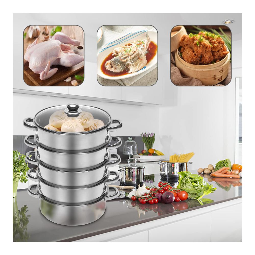 Erleben Sie kulinarische Meisterwerke 5-lagiger Edelstahl Dampfgarer mit Glasdeckel 26cm Durchmesser Biodampfkocher für gesunde Mahlzeiten Mantovarka Dampfkochtopf für Induktion und Küche