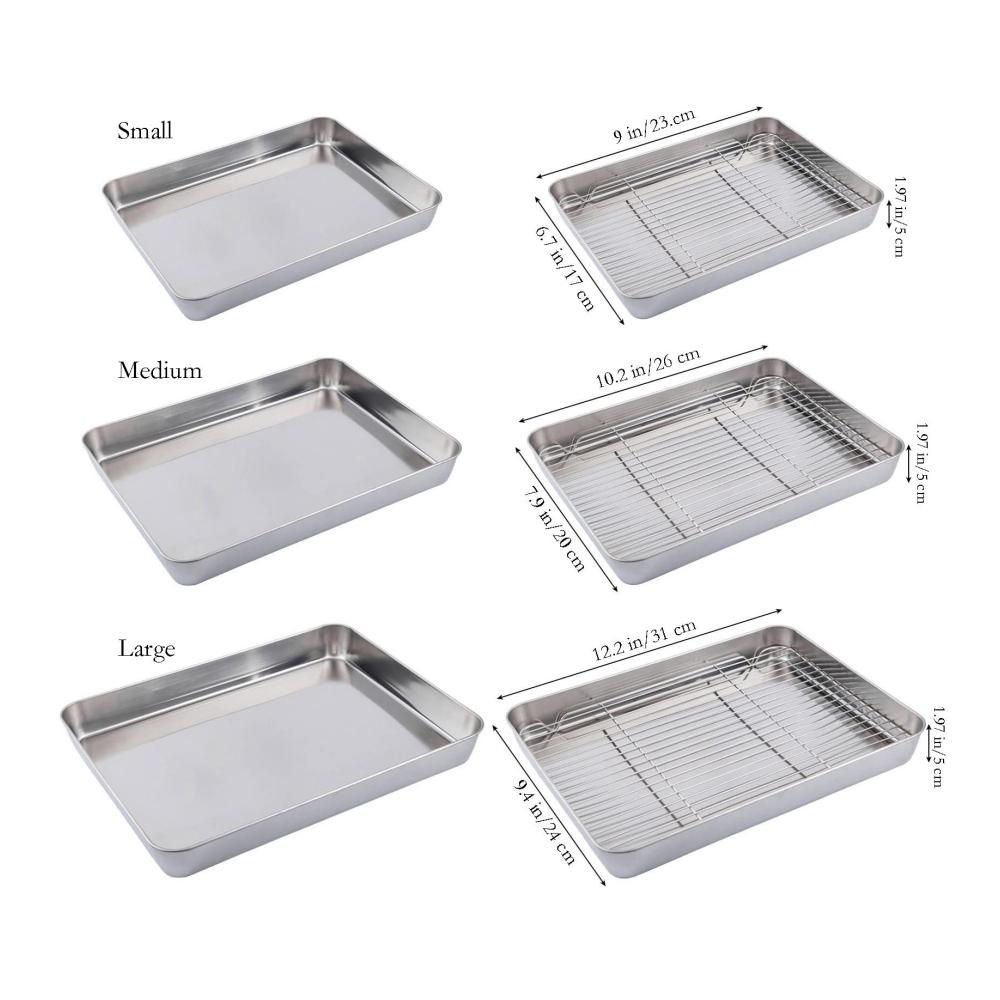 Premium Edelstahl Backbleche Set - Rechteckiges Backblech mit Abkühlgitter - 31×24×5 cm Antihaft Ofenform - Ideale Fettpfanne für Keks Kuchen und mehr - Backbleche für Ofen Grill und Kühlung