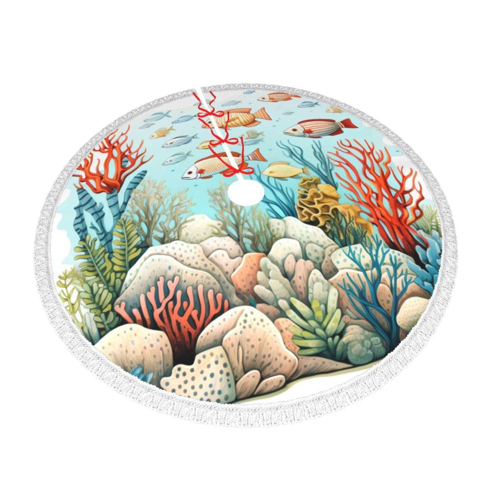 Stilvoller Cartoon Unterwasser-Korallenfisch Weihnachtsbaumständer Festlicher 48-Zoll-Rock mit Quaste perfekte Matte für Xmas Decor
