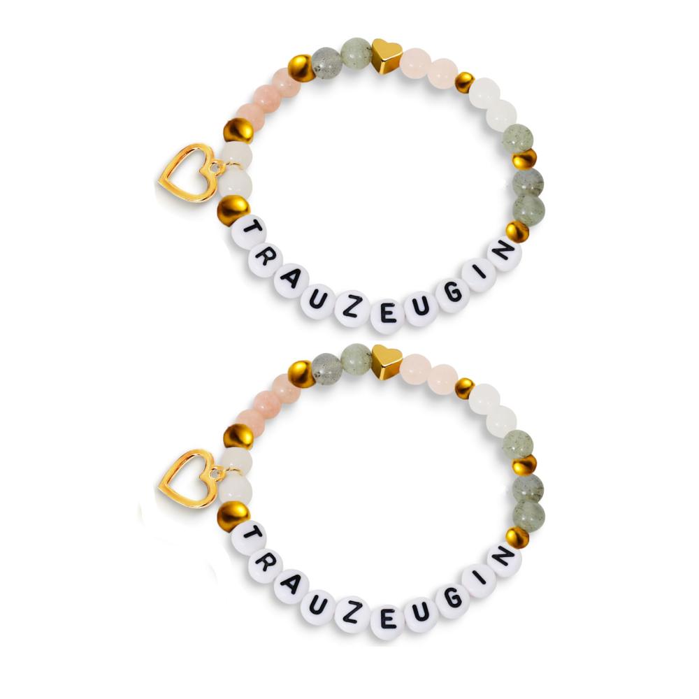 Brautaccessoires Set 2x Trauzeugin Armband Dankeschön Geschenk - Handmade Hochzeitsdekoration mit Edelstein Perlen - Team Braut Stretch Armbänder - Ideales Brautjungfer Accessoire (18CM