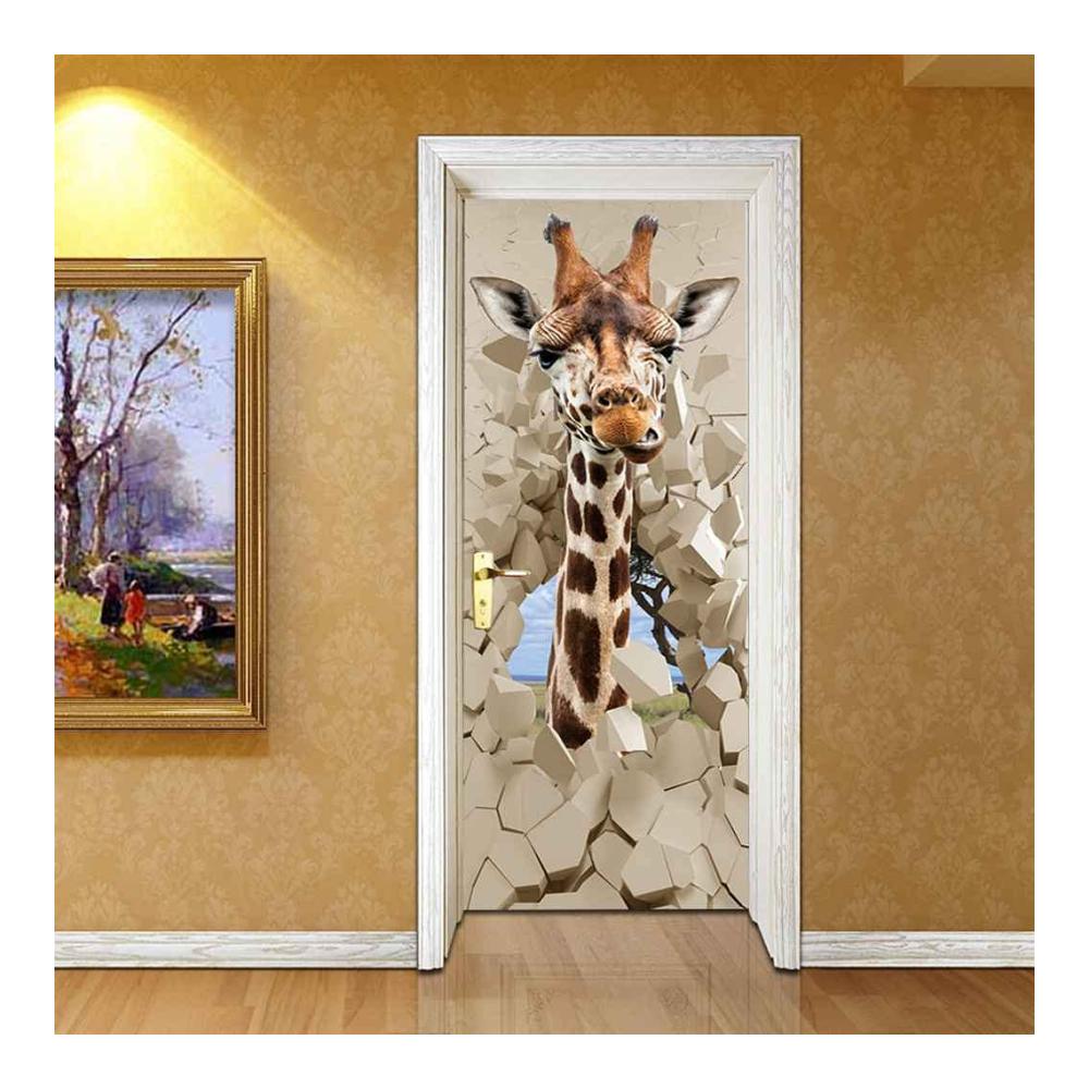 3D Türaufkleber Selbstklebendes Türposter mit Giraffenmotiv für Wohnzimmer Schlafzimmer Küche - Abnehmbare Fototapete für Erwachsene & Kinder - PVC-Türfolie (77x200cm