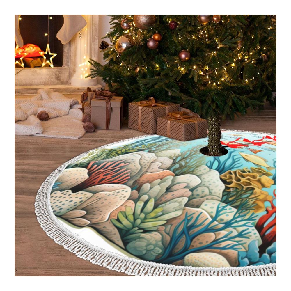 Stilvoller Cartoon Unterwasser-Korallenfisch Weihnachtsbaumständer Festlicher 48-Zoll-Rock mit Quaste perfekte Matte für Xmas Decor