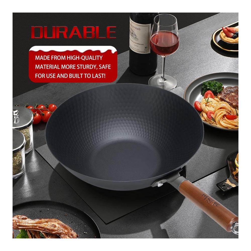 Premium Karbonstahl Wokpfanne 30cm | Für Gesundes Kochen Braten & Schmoren | Ohne Chemische Beschichtung | Flacher Boden Wok für Induktion Gas & Mehr | Inkl. Re
