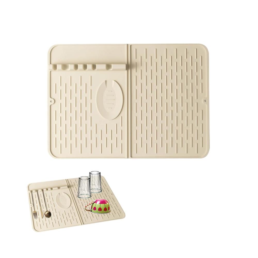 Abtropfhalter & -ständer Faltbare Silikon Abtropfmatte 47x34cm Beige - Hitzebeständige Trocknungsmatte für Tisch & Küchenutensilien - Besteck