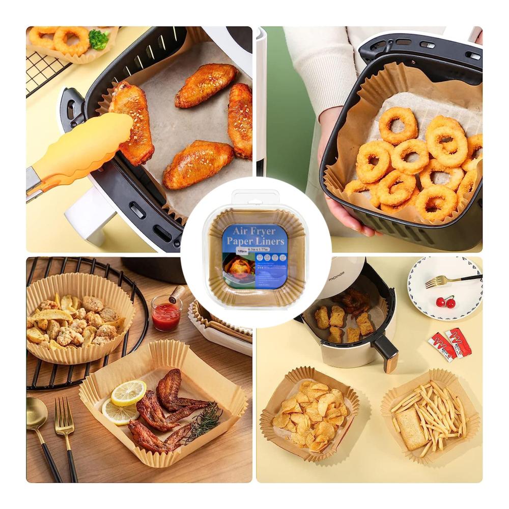 Backpapier für Heißluftfritteuse - 120 Stück quadratisch wasserdicht ölfest. Ideal für Airfryer Ofen und Mikrowelle. Antihaftbeschichtetes Pergamentpapier für einfache Reinigung und perfekte Ergebnisse beim Kochen