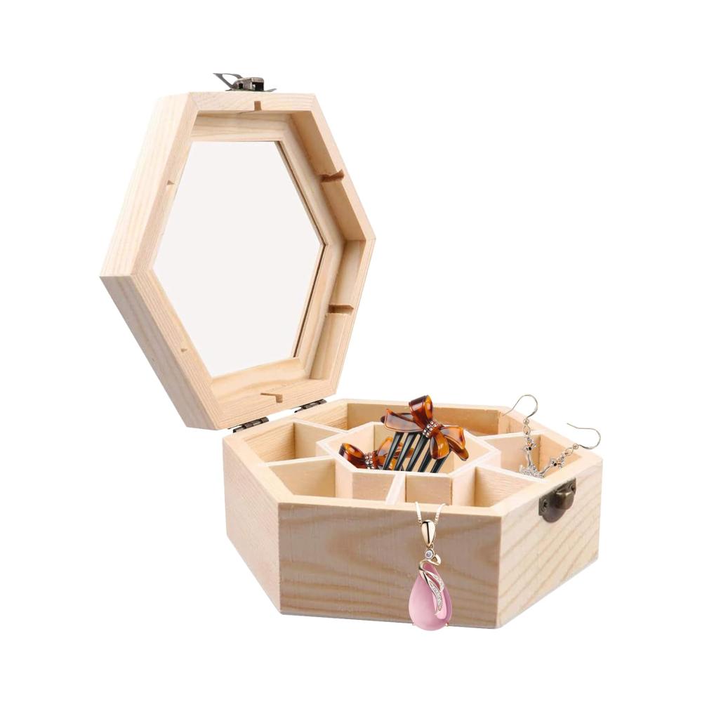 Entdecken Sie die Vielfalt Sechseckige Schmuckschatulle aus Holz mit Glasdeckel – DIY Box für Ring Armband Uhr Halskette & Ohrringe