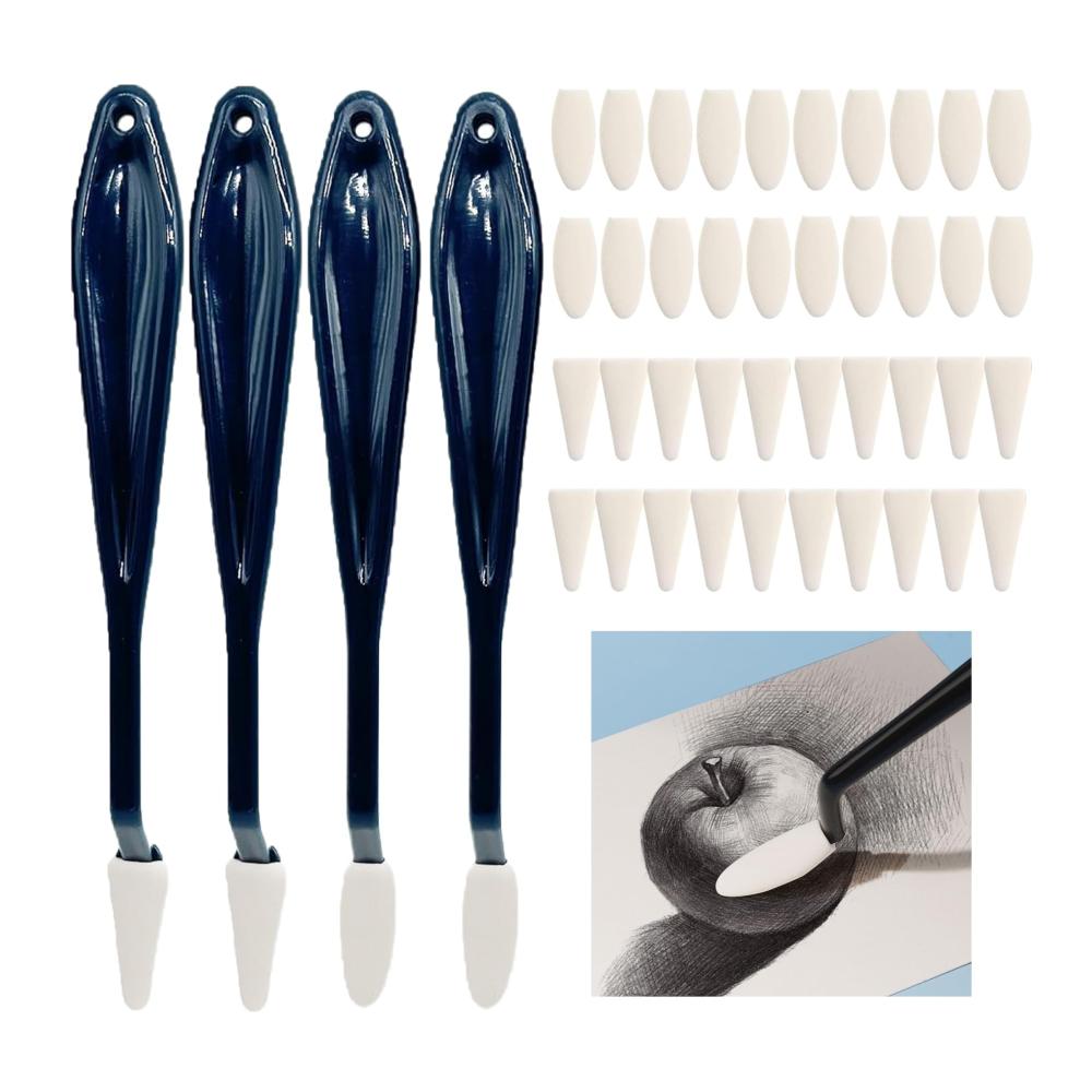 Malmesser Set - 4 Stück mit Schwammköpfen und 40 Ersatzköpfen | Präzise Palette Messer für Künstler | Ideal zum Malen und Skizzieren | Premium Skizzenpapierwischer inklusive (Blau