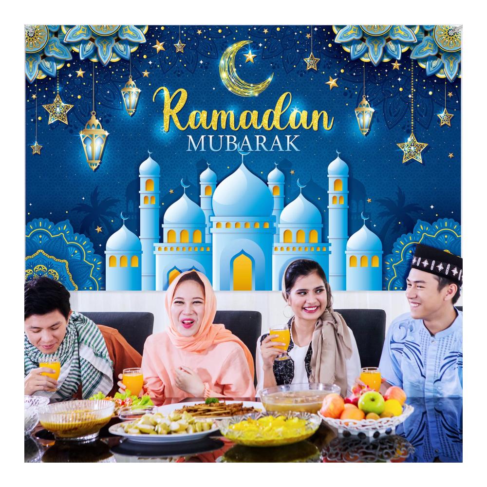 Exquisites Ramadan Dekorationsbanner - Stimmungsvolle Hintergrundgestaltung für Eid Feierlichkeiten - Muslimisches Festzubehör für zu Hause - Traditionelle Ramadan Mubarak Dekorationen (Blau