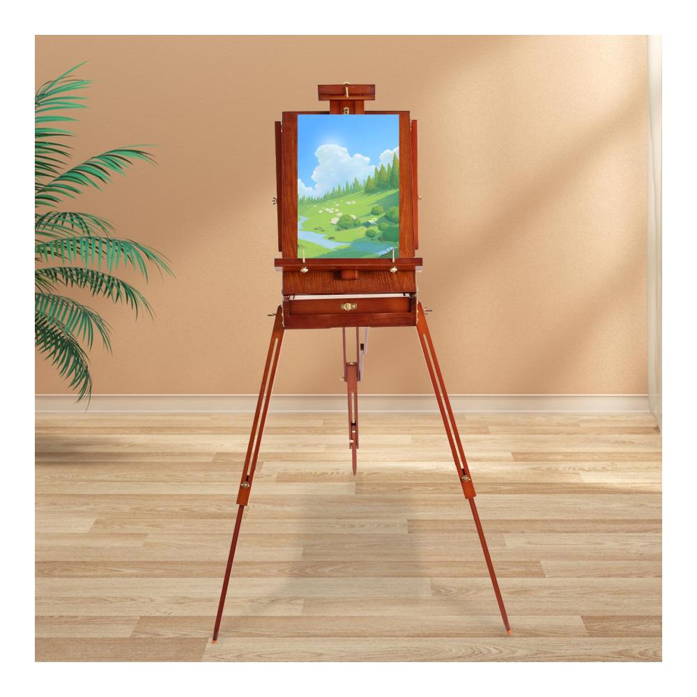 Premium Nussbraune Staffelei Verstellbare Holzstativ Staffelei für Malen Skizzieren & Präsentation - Französische Easel Staffelei mit Schublade & Palette - Robustes Design für Künstler