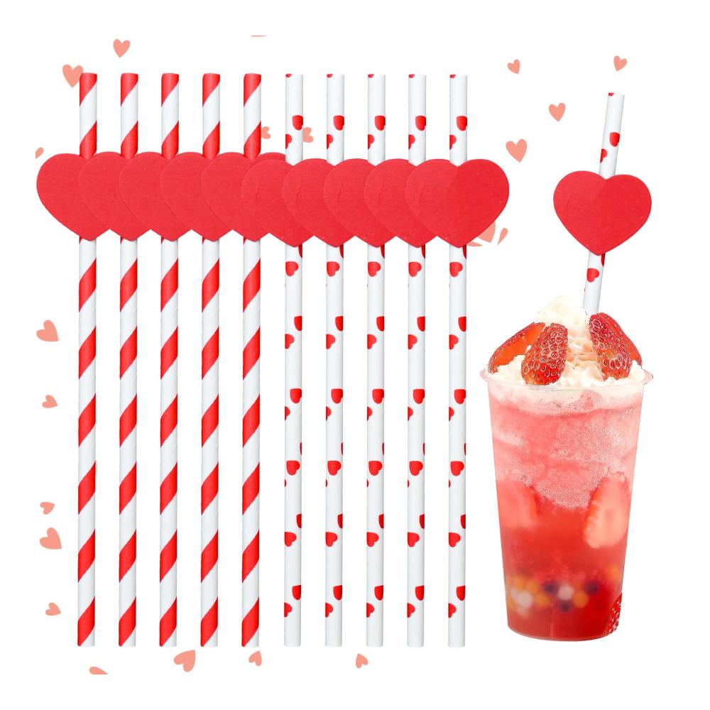 Biologisch Abbaubare Papierstrohhalme - 40 Stück | Rosa gestreift & Herzdesign | Ideal für Kaffee Cocktails & mehr | Perfekt für Valentinstag Hochzeiten & Geburtstage | Umweltfreundliche Strohhalme für jeden Anlass