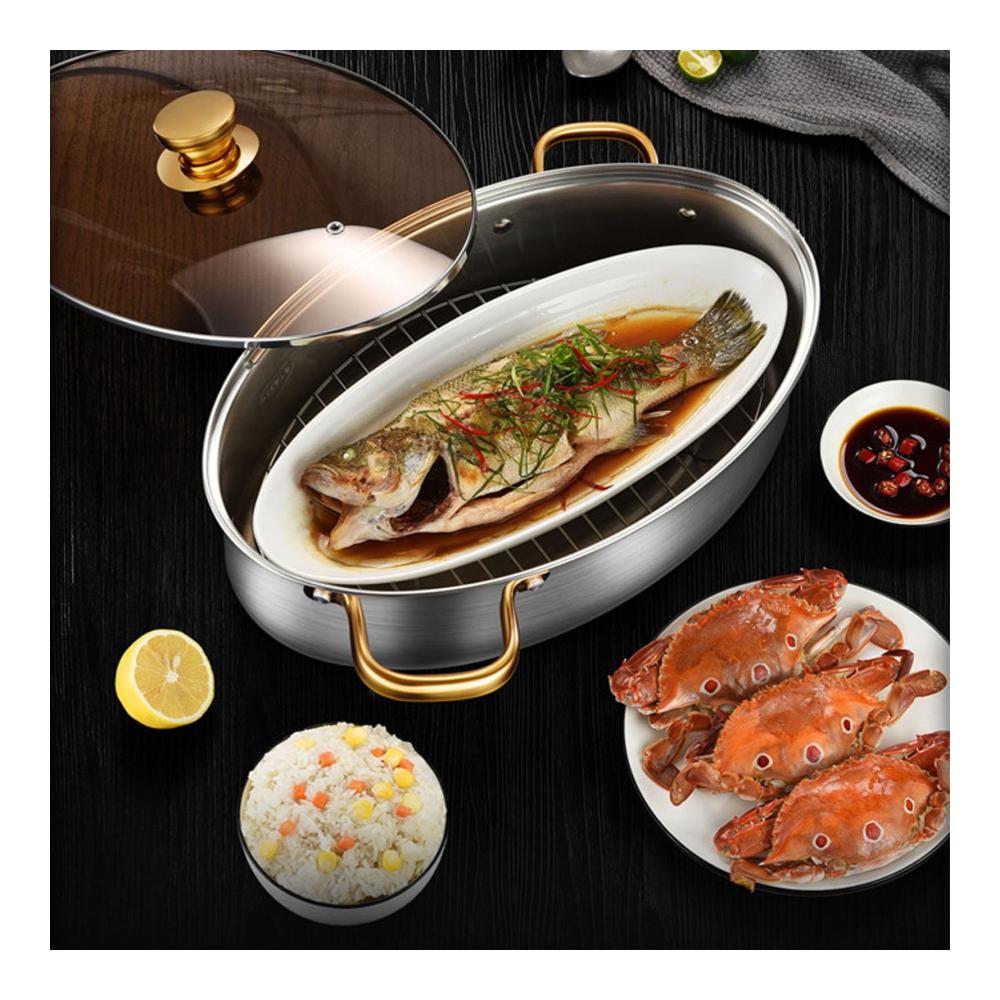 Hochwertiger Fisch-Dampfgarer aus 304 Edelstahl | Ovaler Dampftopf mit Keramikpfannendeckel und Gestell | Ideal für Meeresfrüchte und mehr | Gesunde Mahlzeiten leicht gemacht